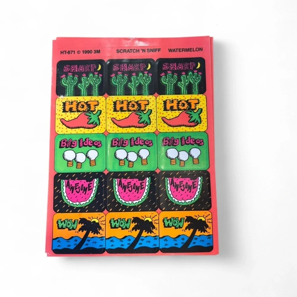 Vintage 90s 3M Scratch and Sniff Stickers Watermelon Neon Beach Cactus Lot of 3